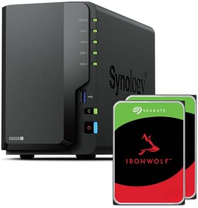 Synology DS225+ 2-Bay Diskstation NAS (Intel Celeron J4125 Quad-Core, 2 GB Non-ECC DDR4 SODIMM 1 x 2,5 GbE und 1 x 1 GbE RJ-45 LAN-Port) 24TB Bundle with 2X 12TB Seagate Ironwolf by Synology