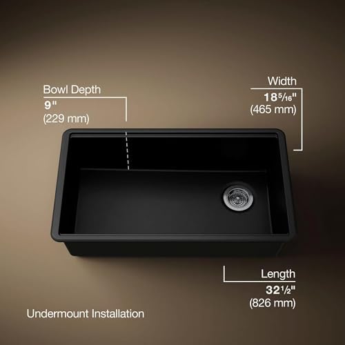 KOHLER Billings 32.5 Inch Undermount Single Bowl Stone Composite Kitchen Sink, Durable Modern Design, Easy to Clean, Large Capacity, Matte Black, K-33710-CM1 - Image 3