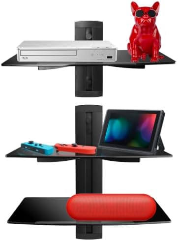 suptek 3 Floating Shelf Wall Bracket with Strengthened Tempered Glass for DVD Players/Cable Boxes/Games Consoles/TV Accessories, 3 Shelves, Black, CS303 - Image 4