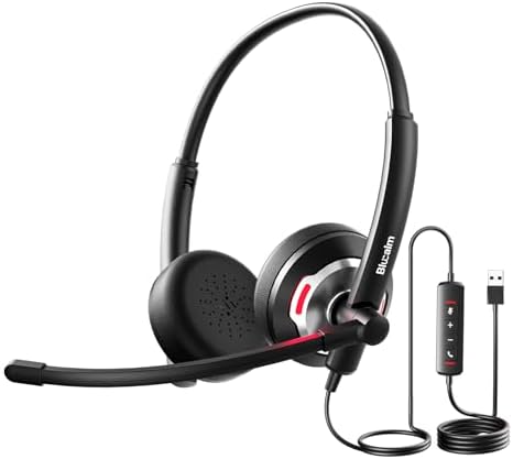 Wired Headset with Noise Canceling Mic & in-Line Control, Business Headset with Microphone for PC, USB Computer Headset for Work Call Center, Home Office, Online Classes, Teams, Zoom by Blucalm