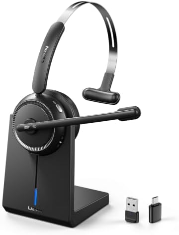 LEVN Wireless Headset5.2 for CallCenter,BluetoothHeadphones with Mic for Work(Noise Cancelling|65HWoktime&Mute Button|Wireless Headset for WorkfromHome/Office/PC/Laptop(Upgraded:USB-C Adapter Included by LEVN