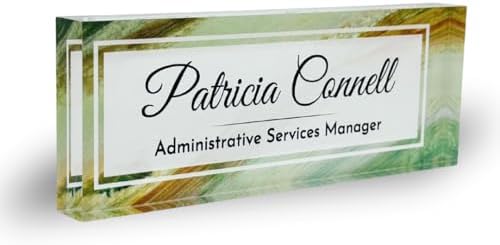 Customized Clear Acrylic Thick 8x3" Desk Name Plate Block with Personalized Logo - Professional Office Decor - Customized Acrylic Plate Gift for Teacher Co-workers (Green Wave) by ClickedCraft