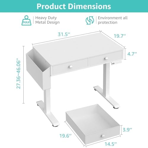KLUVIS Small Electric Standing Desk with Drawers, 32 Inch, White - Image 3