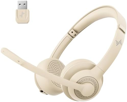 JIAMQISHI Bluetooth V5.2 Office Headset in Apricot, Wireless Headphones with Noise Reduction Microphone, USB Receiver and Mic Mute for Video Conference & Cellphones by JIAMQISHI