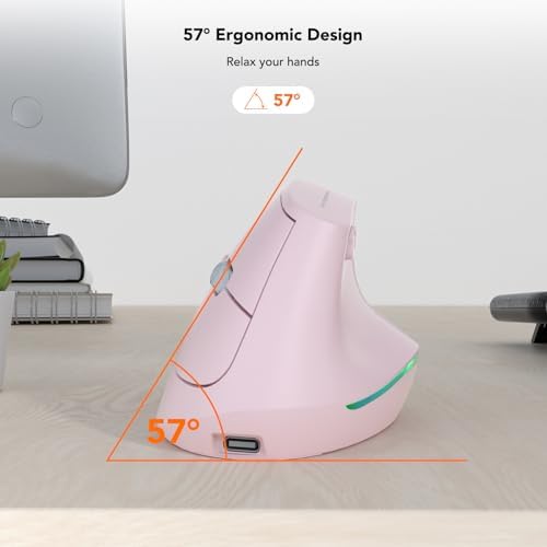 KYSONA Wireless Ergonomic Mouse, Vertical Mouse, Bluetooth Ergo Mouse, Quiet Click, 5 Level Adjustable DPI(800/1200/2400/2400/4000), Rechargeable 2.4G Mice Computer, PC, Mac, Laptop, Pink - Image 4