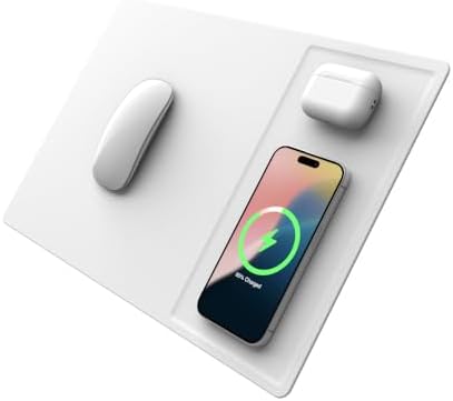 POUT H3 PRO Dual Qi Wireless Charging Mouse Pad – Dual Fast Wireless Chargers for Smartphones and Earbuds – Smooth Surface with Anti-Slip Base for Home and Office Use (Polar White) by POUT
