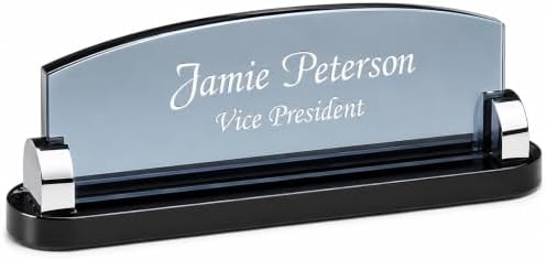 Executive Gift Shoppe | Personalized Smoked Glass Desktop Name Plate with Custom Engraving by ExecutiveGiftShoppe