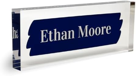 Customized Clear Acrylic Thick 8x3" Desk Name Plate Block with Personalized Logo - Professional Office Decor - Customized Acrylic Plate Gift for Teacher Co-workers (Navy Brush) by ClickedCraft