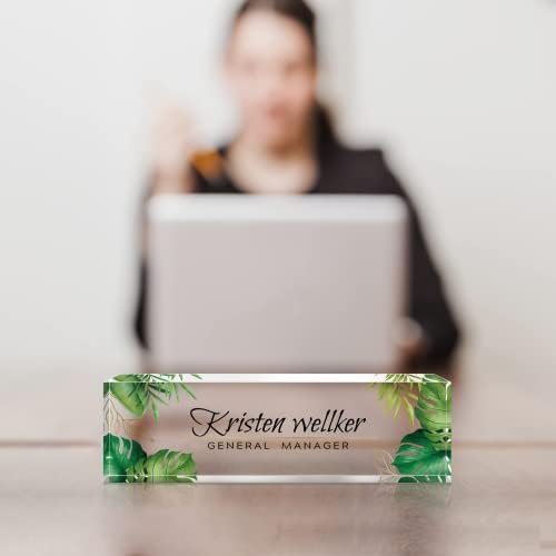 Desk Name Plate Personalized, Premium Clear Acrylic Desk Name Plate, Personalized Name Plate for Desk, Office Decor for Women or Men Coworkers, Boss, Employee, Teacher, Social Worker(Green Monstera) - Image 3