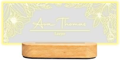 Personalized LED Desk Name Plate Custom Acrylic Office Name Sign with Wooden Base by HunConcept