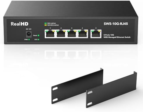 5 Port 10Gb RJ45 Web Managed Ethernet Network Switch, 5 x 10 Gigabit Base-T Port | 10Gbps Multi-Gig Swicth Support 5G-2.5G-1G-100M | 19 Inch Rack Mount | 100G Bandwidth | Metal Casing | Built-in Fan by RealHD
