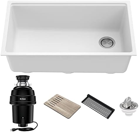 Kraus KGUW1-33WH-100-100, Bellucci Workstation 32 in. Undermount Granite Composite Single Bowl Kitchen Sink in White with WasteGuard 1 HP Continuous Feed Garbage Disposal and Accessories by Unknown