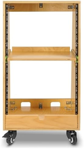 Sound Town DIY Slanted 16U Studio Rack (8U Top + 8U Lower), with 2U Bottom Storage, Slide-Out Tray, Caster, Plywood, Golden Oak for Recording Room, Home Studio (SDRK-ST16T) - Image 3