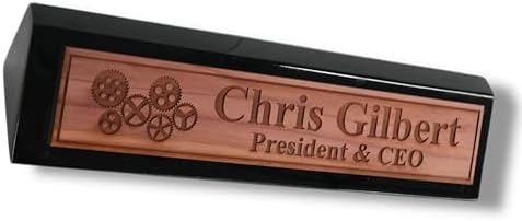Desk Wedge Name Plate - PERSONALIZED - Gears - 11 Inches (Black Piano) by HipFlaskPlus