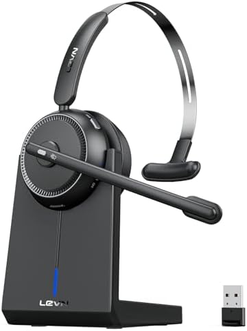 Wireless Headset with Mic for Work, Bluetooth Headset(Charging Base & Mute) by LEVN