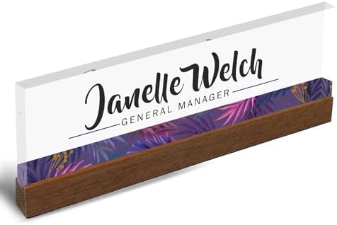 Artblox Personalized Office Desk Name Plate and Business Card Holder | Clear Acrylic Glass with Teak Wood Stand | Purple Stripe Design Customized with Your Name and Credentials Office Desk Décor - Image 6
