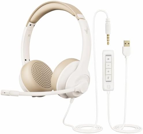 JIAMQISHI USB Headset with Microphone for PC, On-Ear Computer Laptop Headphones with Noise Cancelling Mic in-line Control for Home Office Online Class Zoom (USB+3.5mm, White) by JIAMQISHI