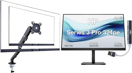 HP Series 3 Pro 324pe 24" FHD IPS Monitor with 5ms Response Time, Anti Glare, Flicker Free, VESA Mount (100mm), VGA, Displayport, HDMI, Black Color (B1GM5AA#ABA) w/DKZ Hub & ErgoFlexy Single Mount Arm by MichaelElectronics2