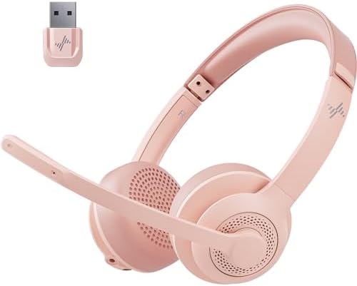 JIAMQISHI Pink Wireless Bluetooth Headset 5.2, AI Noise Cancelling Mic Headphones with USB Dongle Mute for Laptop & Cell Phones by JIAMQISHI