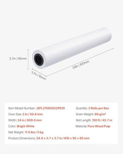 VEVOR Wide Format Paper, 24 in x 150 ft Plotter Roll, 2 Rolls CAD Bond Rolls with 2 in Core, 20 LB Bond Paper Rolls, Ideal for CAD Drawings, Engineering Plans, GIS Maps, and Architectural Designs - Image 7