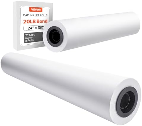 VEVOR Wide Format Paper, 24 in x 150 ft Plotter Roll, 2 Rolls CAD Bond Rolls with 2 in Core, 20 LB Bond Paper Rolls, Ideal for CAD Drawings, Engineering Plans, GIS Maps, and Architectural Designs by VEVOR