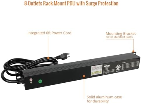 Tecmojo 1U Rack-Mount Horizontal 8-Outlet PDU, UL Listed PDU with Surge Protection LED Indicators 6ft Cord Power Distribution for IT and Network Server Racks(SKU# 13110801) - Image 5