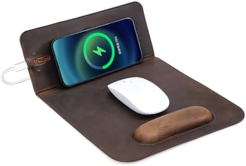 Hiram Premium Crazy Horse Leather Mouse Pad with 15W Wireless Charging - Ergonomic Wrist Rest, Waterproof, and High-End Cowhide Touch(9inx13in) by Hiram