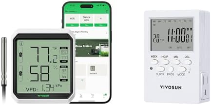 VIVOSUN AeroLab THB1S Wireless Bluetooth Hygrometer Thermometer Indoor and 7 Day Programmable Digital Timer with Dual Outlet, 20 On/Off UL Listed Heavy Duty Plug-in Outlet Timer with Countdown Setting by VIVOSUN