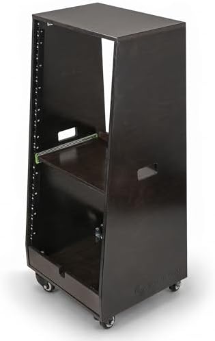 Sound Town DIY Slanted 20U Studio Rack (12U Top + 8U Lower) with 2U Bottom Storage, Slide-Out Tray, Casters, for Home Studio and Recording Room, Birch Plywood, Black Espresso (SDRK-ST20TD) - Image 2