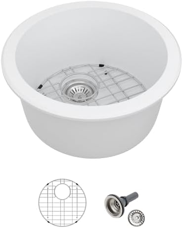 Logmey 18" Round Bar Sink White Granite Composite Quartz Undermount RV Sink Single Bowl Under Counter 9" Deep Kitchen Sinks,18x18x9 Inch by Logmey