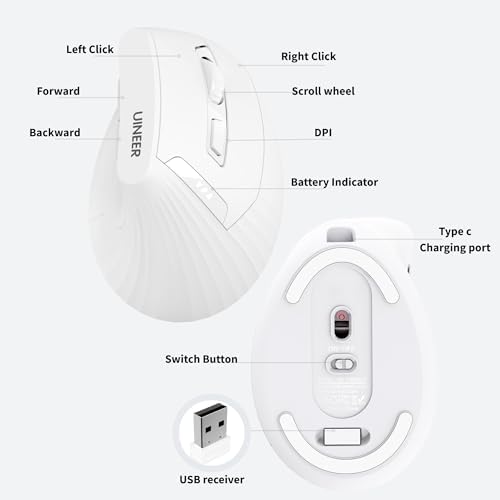Uineer Ergonomic Vertical Mouse, 2.4G Wireless Mouse, Rechargeable, 4-DPI - Image 6