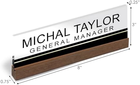 Artblox Personalized Office Desk Name Plate and Business Card Holder | Clear Acrylic Glass with Teak Wood Stand | Black Stripe Design Customized with Your Name and Credentials Office Desk Decor - Image 3