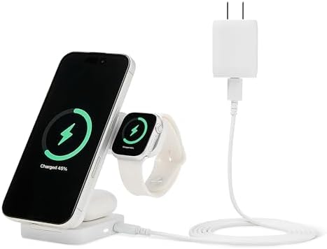 Amazon Basics MagSafe Compatible 25W Fast Charging Qi2.2 Certified 3-in-1 Wireless Charging Station, Foldable Stand for iPhone 17/16/15/14/13/12, Apple Watch, AirPods, with 45W Adapter, White by AmazonBasics