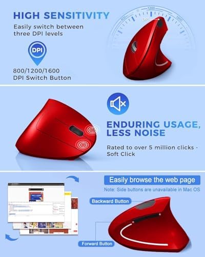 Ergonomic Mouse, Vertical Wireless Mouse 2.4G Rechargeable Optical Vertical Mouse High Precision Optical Mouse Adjustable800/1200/1600 DPI 6 Buttons, for Laptop etc, Red,Specially for Right-handers - Image 4