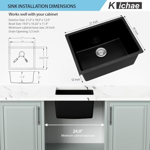 Kichae 12 Deep Undermount Laundry Sink 21x18 Granite Composite Quartz Sink - Image 2
