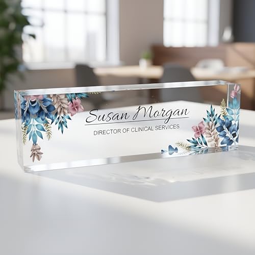 ARTBLOX Personalized Acrylic Teacher Desk Name Plate, Blue Leaf Design by Artblox