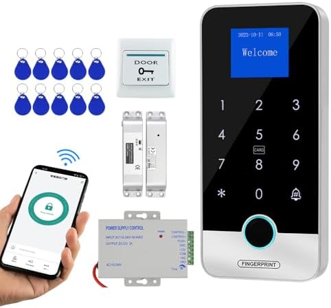 Tuya APP Smart Fingerprint Access Control Kit is a 4-in-1 Unlocking Solution that Includes a keypad Controller, Power Supply, Electric Screw Lock, Switch, and 10 13.56MHz RFID Key fobs. by FSTWBrandFlagship