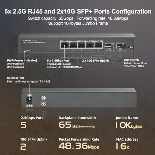MokerLink 5 Port 2.5Gigabit Ethernet Switch with 2x10G SFP Slot, 5 x 2.5G Base-T Ports, VLAN Isolation, Metal Unmanaged Fanless Small Network Switch - Image 4