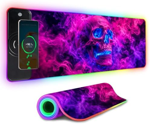 Wireless Charging RGB Gaming Mouse Pad Halloween Neon Skull 31.5 x 11.8 Inch Extended Mouse Mat with Neon Geometric Line Design, LED Desk Pad with 7 Lighting Modes, Non-Slip Base for Gaming & Office by LEIWEIHOPE