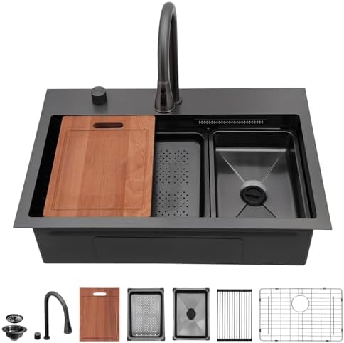 Sarlai 31 Inch Black Waterfall Kitchen Sink Drop In - 31x20 Inch Drop In Waterfall Sink Ledge Workstation Black Stainless Steel 16 Guage Single Bowl Kitchen Sinks Basin - Image 2