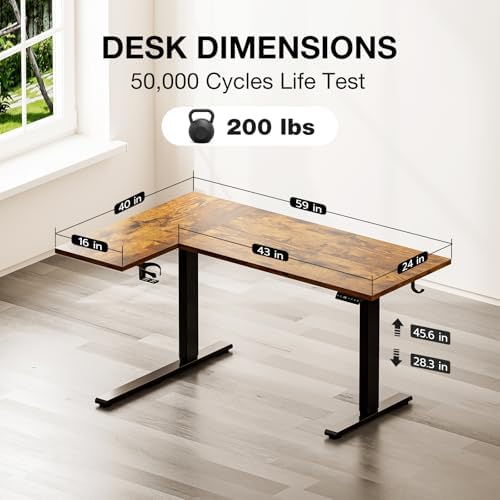 Muvai 59" L Shaped Standing Desk with Cable Tray, Reversible, Rustic Brown - Image 3