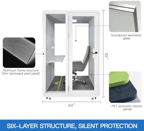 Soundproof Office Pod Booth, Quiet Meeting Pod with Acoustic Panels, Portable Modular Pod, Privacy Booth for Private Phone Calling, One to Two Person Workspace with Sound Isolation W55in D48in H92in - Image 5