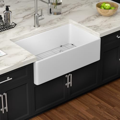 White Farmhouse Sink 33 Inch Fireclay Reversible Apron Front Farm Sink 33"x18"x10" Glossy White Porcelain Farms House Style Single Bowl Farmhoues kitchen Sinks with Luxury Accessories - Image 2