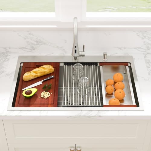 Sarlai 33 Drop In Kitchen Sink with Faucet- 33x22 Inch Drop Kitchen Sink Ledge Workstation Sinks 16 Gauge Stainless Steel Single Bowl Topmount Sinks Basin with Pull-out Faucet - Image 2