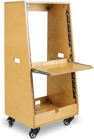 Sound Town DIY Slanted 20U Studio Rack (12U Top + 8U Lower), with 2U Bottom Storage, Slide-Out Tray, Caster, Plywood, Golden Oak for Recording Room, Home Studio (SDRK-ST20T) by SOUNDTOWN