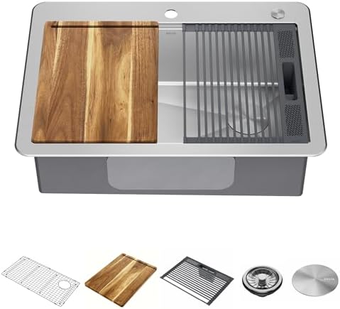 DELTA FAUCET 95A932-30S-SS Lorelai Workstation Kitchen Sink Drop-in Top Mount Stainless Steel Single Bowl with WorkFlow Ledge and Chef’s Kit of 5 Accessories by Unknown