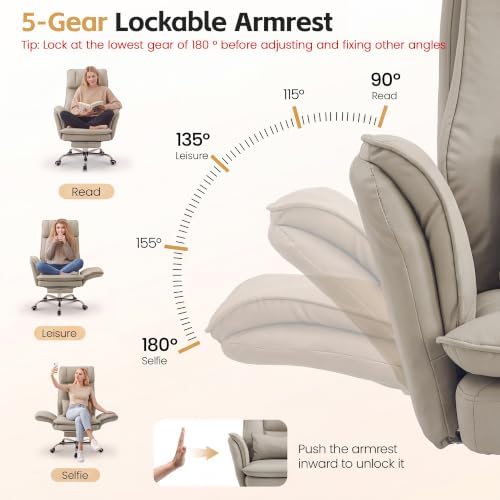 HUBSON Big and Tall Office Chair, Flip Armrest & Footrest for Pets, Khaki - Image 3