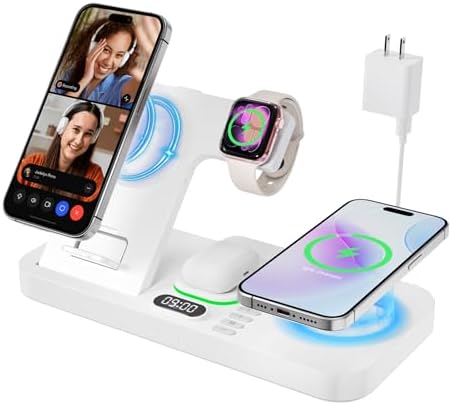 Dual Phone Magnetic Wireless Charging Station for Apple Devices, 7-Color Auto Light & 12H Clock, Multi-Device Charger for iPhone 18 Pro/18 Pro Max/17/16, for iWatch 11/10/9 & AirPods Pro3(Cream by RRSPORTS