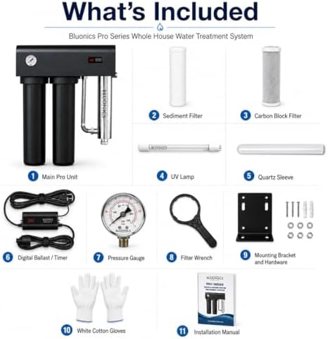 BLUONICS PRO Series Whole House Well Water Filtration System – Compact All-in-One Design with Dual 20” Filters, 48W UV Light, Pressure Gauge & Countdown Ballast - Image 2