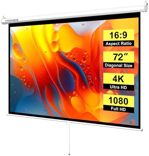 VIVOHOME 72 Inch 16:9 Pull Down Projector Screen, White by VIVOHOME